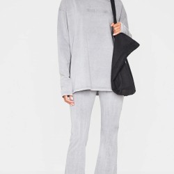 PRETTYLITTLETHING Light Grey Embossed Logo Washed Skinny Flare Pants