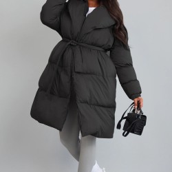 Maternity Black Oversized Collar Belted Longline Puffer Coat