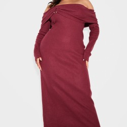 Plus Burgundy Heavy Brushed Rib Bardot Trim Maxi Dress