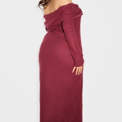 Plus Burgundy Heavy Brushed Rib Bardot Trim Maxi Dress