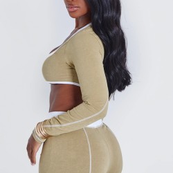 Shape Khaki Washed Cotton Hook And Eye Long Sleeve Crop Top