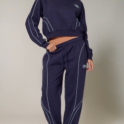PRETTYLITTLETHING Navy Embroidered Contrast Piping Straight Leg Sweatpants