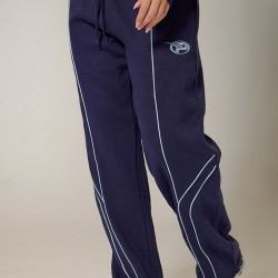 PRETTYLITTLETHING Navy Embroidered Contrast Piping Straight Leg Sweatpants