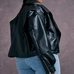 Plus Black Faux Leather Contrast Quilted Lining Oversized Biker Jacket