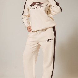 PRETTYLITTLETHING Cream Embroidered Contrast Panel Straight Leg Sweatpants