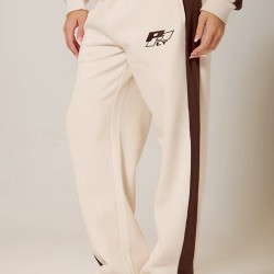PRETTYLITTLETHING Cream Embroidered Contrast Panel Straight Leg Sweatpants