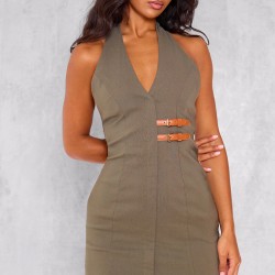 Dark Khaki Stretch Woven Belted Bodycon Dress