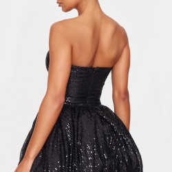 Black Sequin Bandeau Mini Puffball Dress