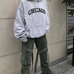 Grey Chicago Print Oversized Hoodie