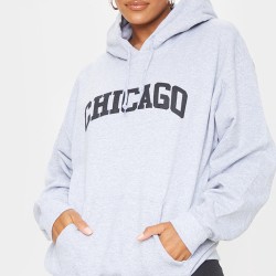 Grey Chicago Print Oversized Hoodie