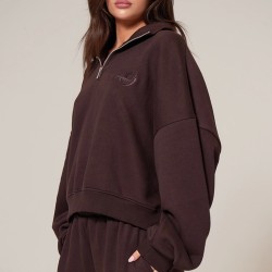 PRETTYLITTLETHING Chocolate Half Zip Embroidered Sweatshirt
