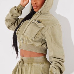 PRETTYLITTLETHING Shape Olive Washed Cargo Cropped Hoodie