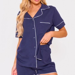 Navy Jersey Piping Detail Short PJ Set